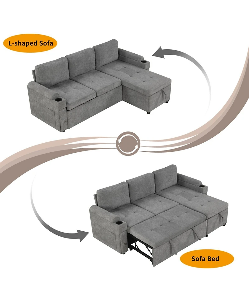 Streamdale 83.5" L-Shaped Sofa Bed with Storage, Cup Holders & Usb
