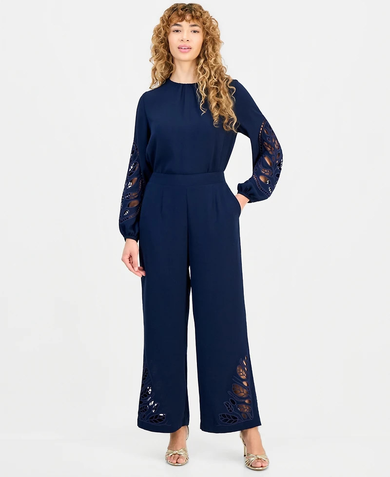 T Tahari Women's Embroidered-Hem Wide-Leg Pants