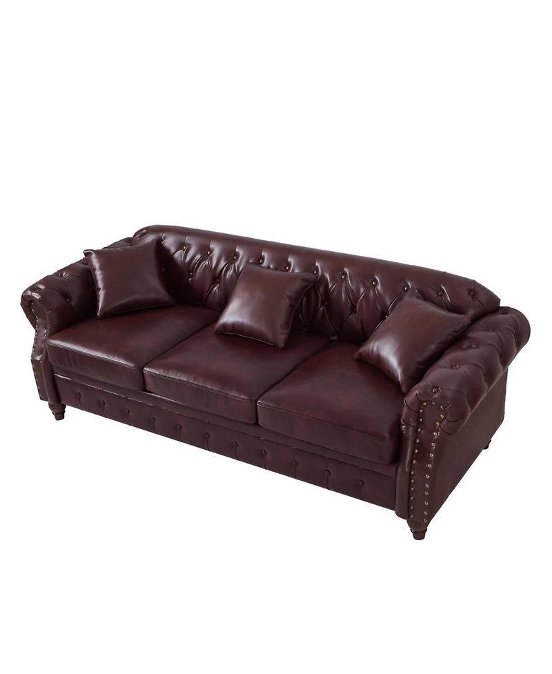 Streamdale Furniture 85.8" Chesterfield Sofa - Tufted Faux Leather Pu - Burgundy