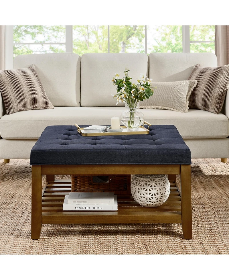 Streamdale Navy Blue Linen Tufted Ottoman w/ Wood Frame & Shelf