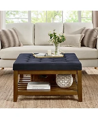 Streamdale Navy Blue Linen Tufted Ottoman w/ Wood Frame & Shelf