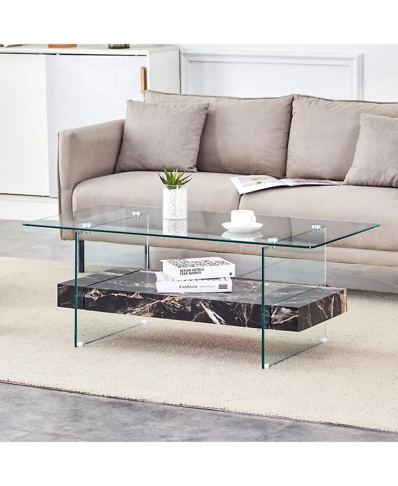 Streamdale Furniture Streamdale Modern Two-Tier Coffee Table Glass and Marble Pattern