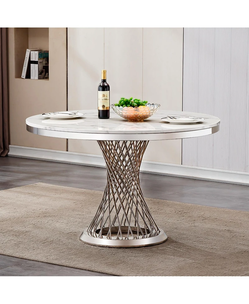 Streamdale Furniture 47" Round Marble Dining Table, High Gloss Faux Marble Top