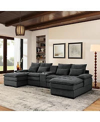 Streamdale Furniture 130" U-Shaped Sofa with Console, Cupholders, Sleeper Couch, Chaise (Grey)