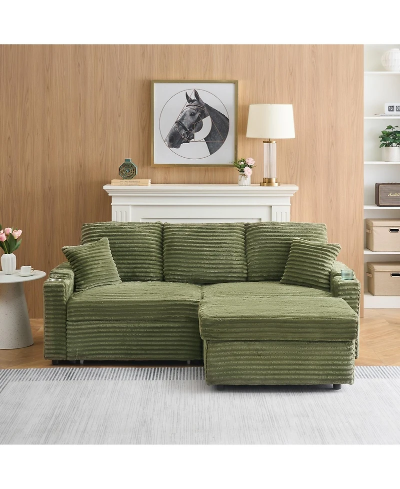 Streamdale Furniture 80" Corduroy Sofa Bed with Reclining, Footstool, & Cup Holders - Green