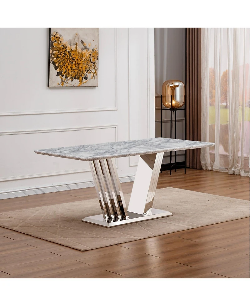 Streamdale Furniture 70" Faux Marble Dining Table, Mirrored Base (Silver/Grey)