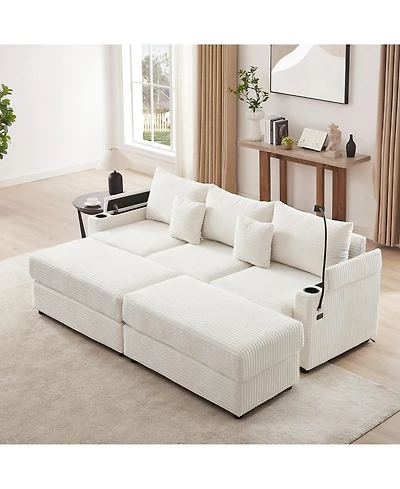 Streamdale Furniture Modern 3-Seater Sofa w/ Storage, Ottomans, Usb & Cup Holders – Beige