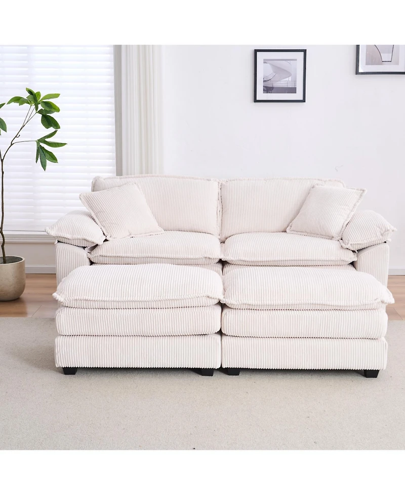 Streamdale Furniture Corduroy 2-Seat Sofa with Pillows & Ottomans - White