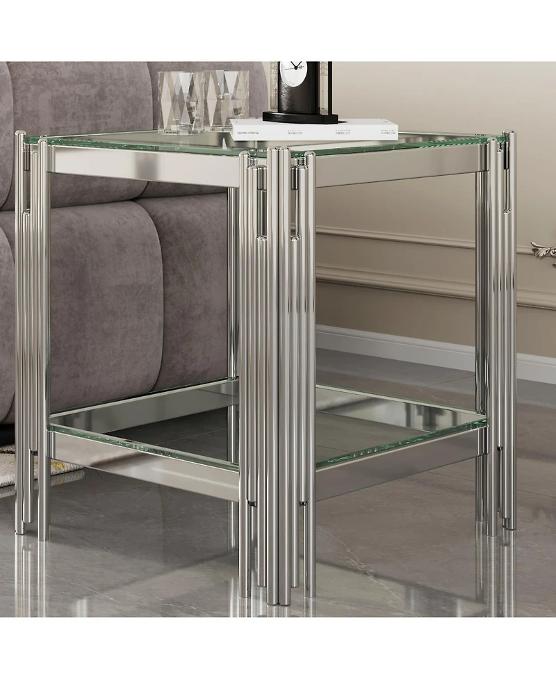 Streamdale Furniture Modern Tempered Glass Top End table with Silver Stainless Steel Frame