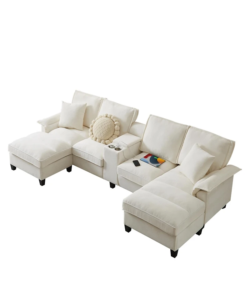 Streamdale Furniture 120" Corduroy Sectional Sofa Bed w/Storage, Cup Holders - Beige
