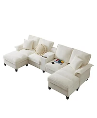 Streamdale Furniture 120" Corduroy Sectional Sofa Bed w/Storage, Cup Holders - Beige
