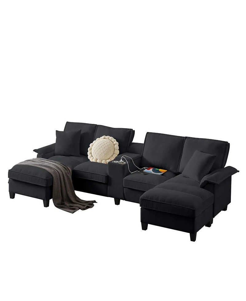 Streamdale Furniture Corduroy Sectional Sofa Bed w/Storage, U-Shape, 4-Seater, Cup Holders