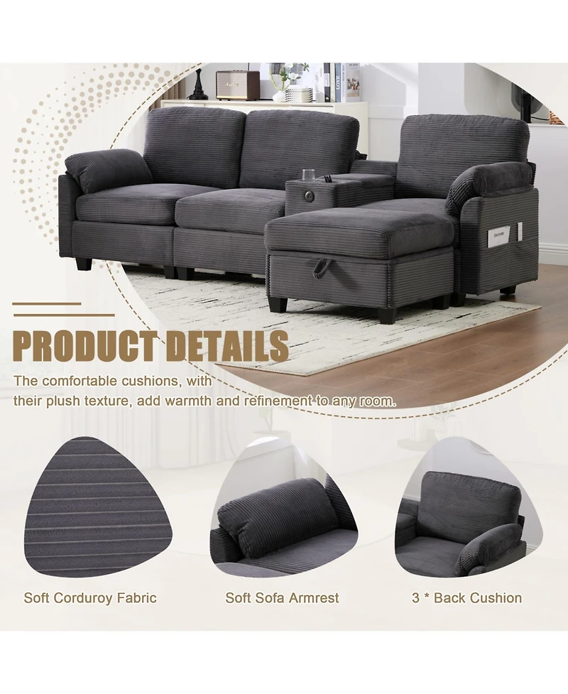 Streamdale Furniture L-Shape Corduroy Sofa- 4-Seater, Usb, Storage