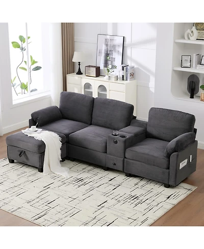 Streamdale Furniture L-Shape Corduroy Sofa- 4-Seater, Usb, Storage