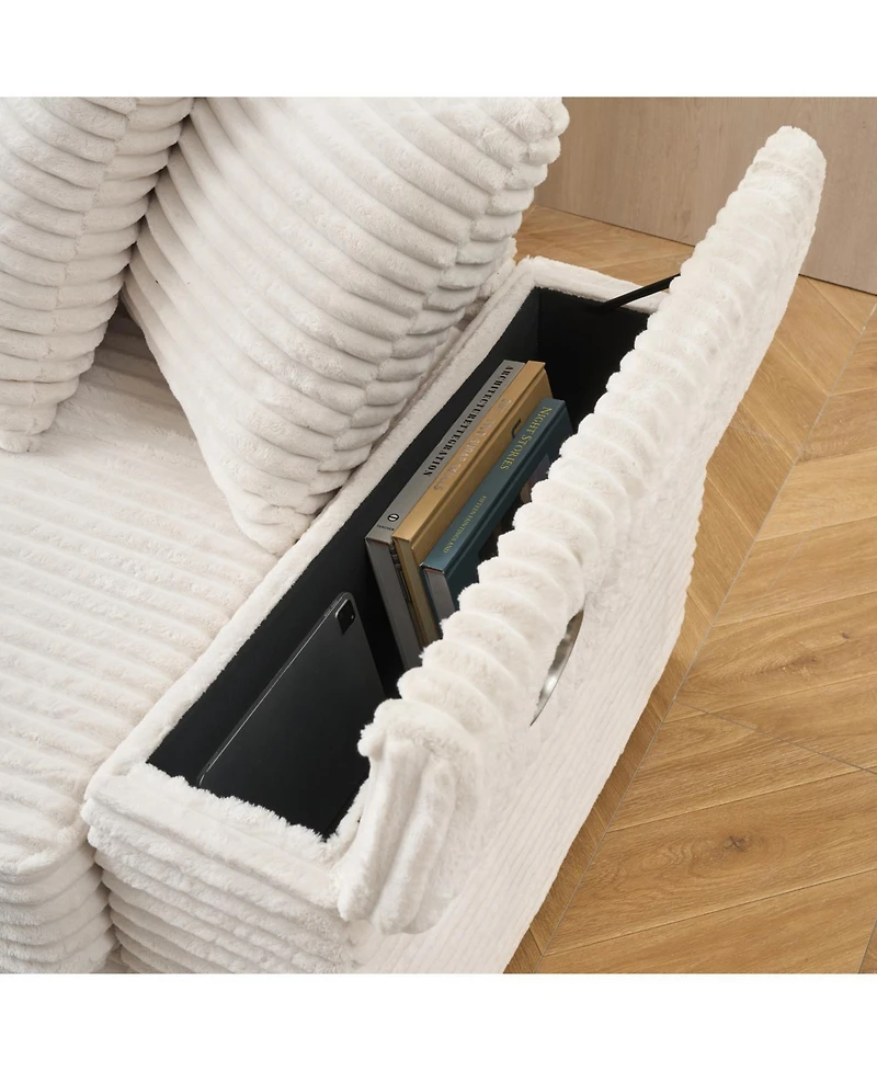 Streamdale Furniture Beige Corduroy Sofa w/ Cupholders, Lockers, Reversible Chaise