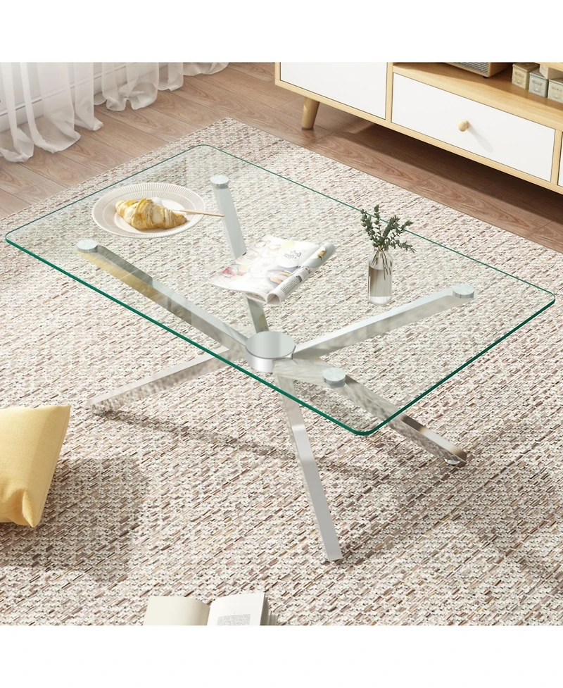 Streamdale 39" Clear Glass Coffee Table, Silver Metal Legs