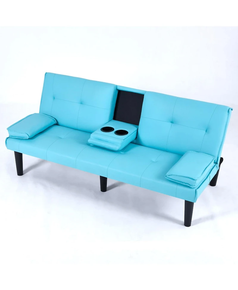 Streamdale Furniture 67" Blue Pvc Sofa Bed - Foldable with Cup Holder