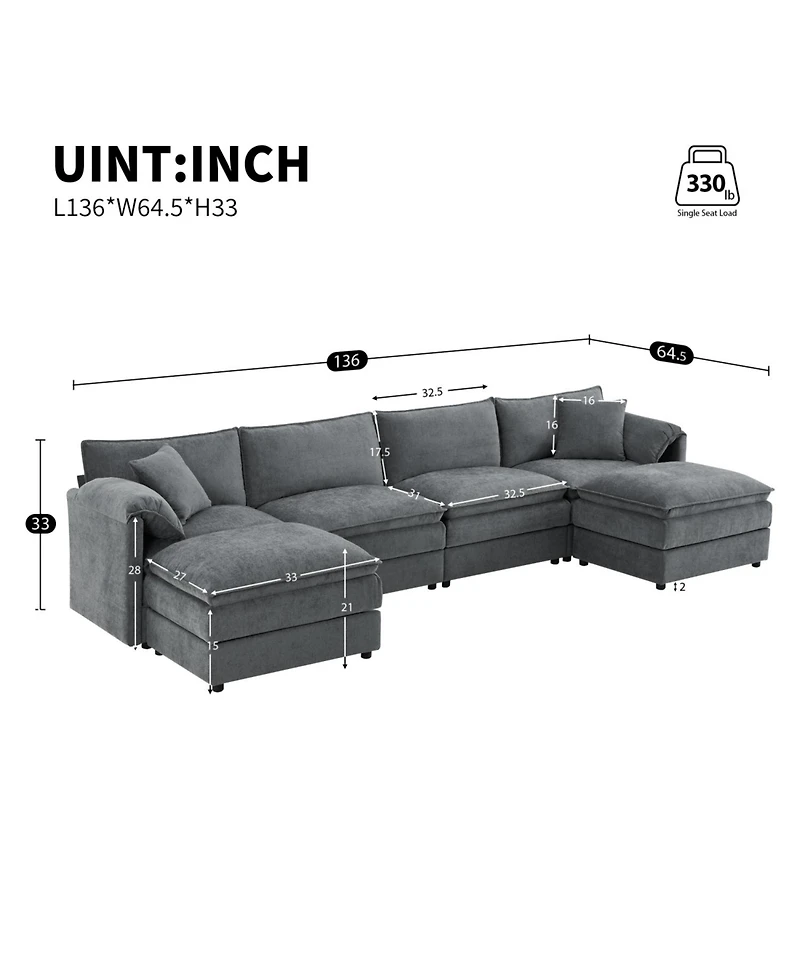 Streamdale 136" Chenille U-Shaped Sectional Sofa with Ottomans