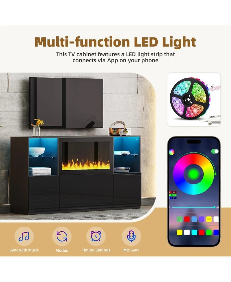 Streamdale Furniture Modern Tv Stand with Non-Heating Electric Fireplace, Led Lights, and Tempered Glass Shelves for up to 75" TVs