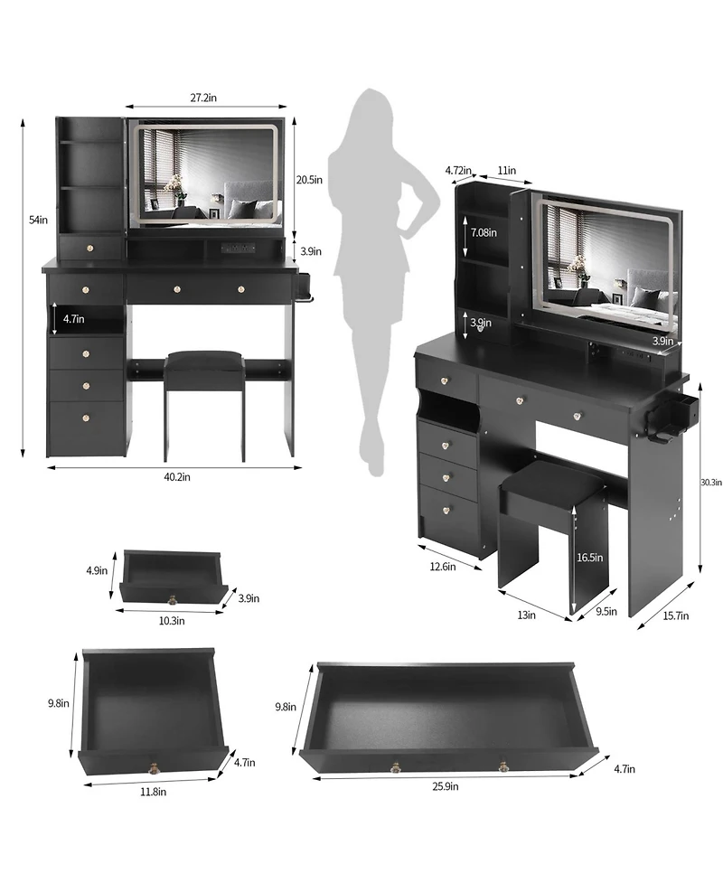 Streamdale Furniture Streamdale Vanity Table with Stool and Power Station, Extra Large Led Mirror, Hair Dryer Stand