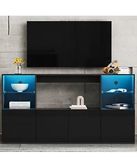 Streamdale Furniture High Gloss Tv Stand with Led Lights, Large Storage & Tempered Glass Shelves (Black, 67"Wx13.7"D)