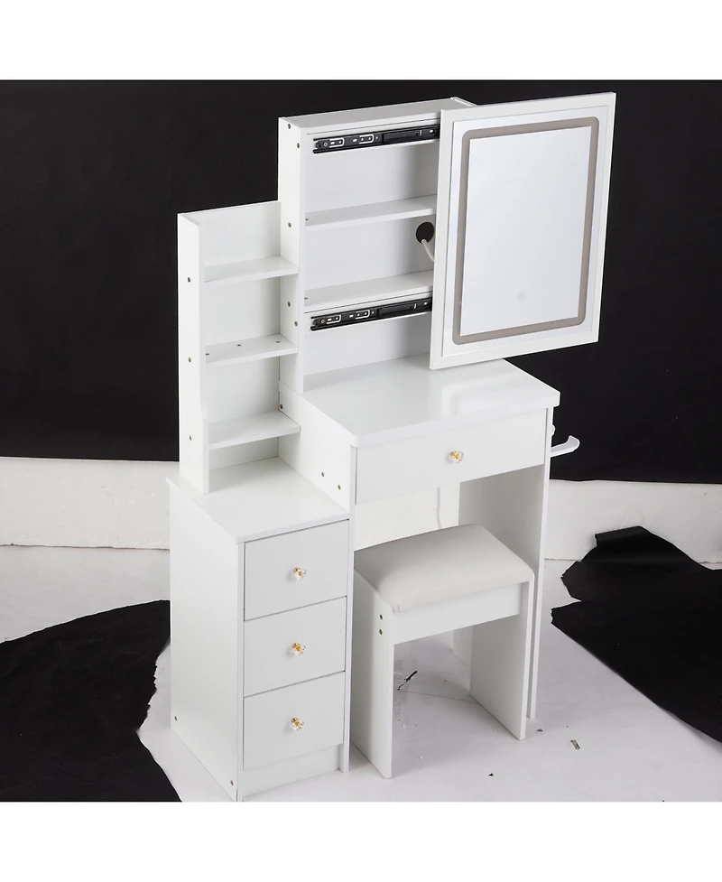 Streamdale Furniture Streamdale Multifunctional Bedside Vanity Table with - Led Mirror - Power Station - Hair Dryer Bracket - Cushioned Stool