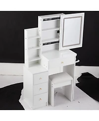 Streamdale Furniture Streamdale Multifunctional Bedside Vanity Table with - Led Mirror - Power Station - Hair Dryer Bracket - Cushioned Stool