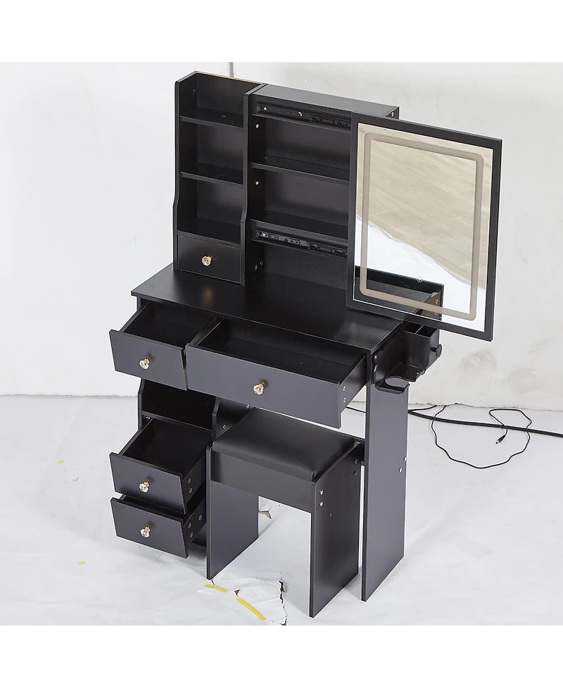 Streamdale Furniture Vanity Table with Power Station, Led Mirror, & Cushioned Stool