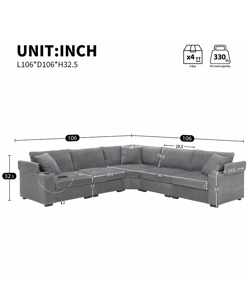 Streamdale 106" L-Shaped Corduroy Sectional Sofa with Storage and Conveniences