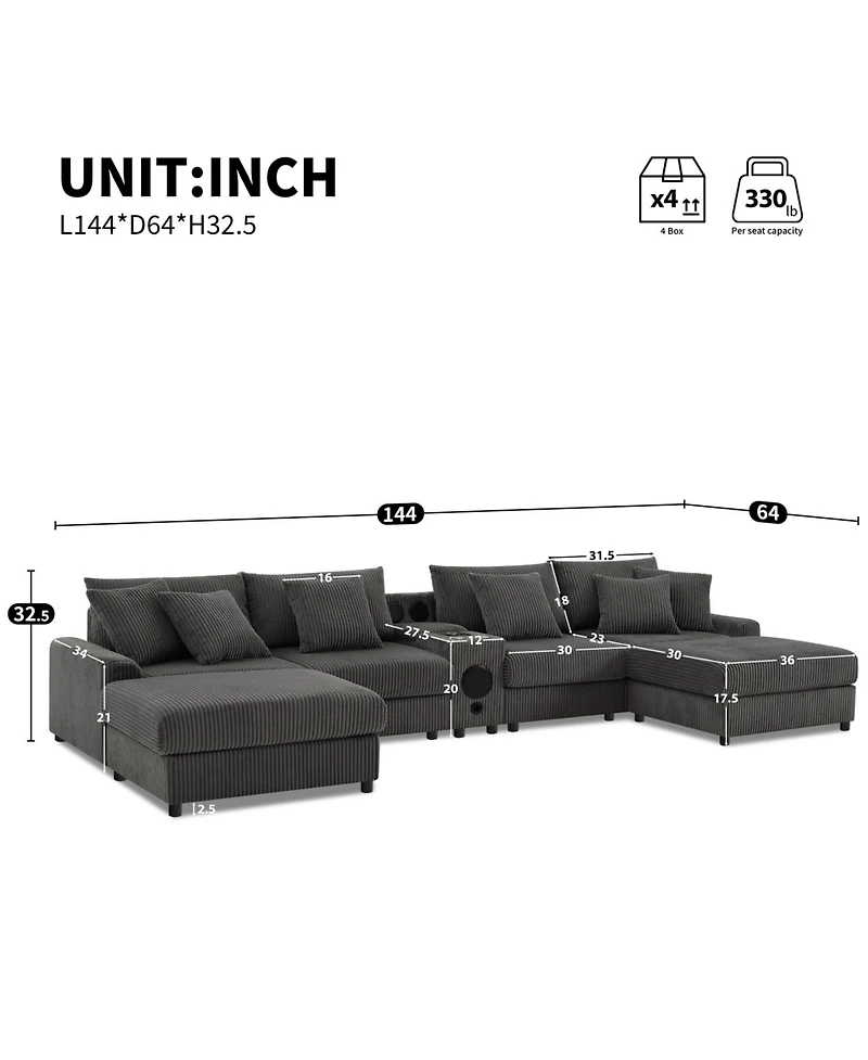 Streamdale Furniture Sectional Sofa with Bluetooth Usb Storage & Ottoman