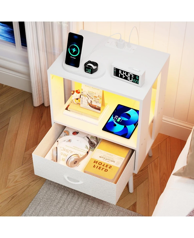 Streamdale Furniture Nightstand with Charging Led & Fabric Drawers