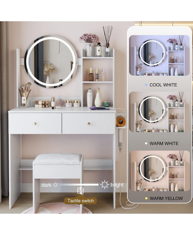 Streamdale Furniture 17" Led Vanity Table Set Touch 3 Colors Storage & Power