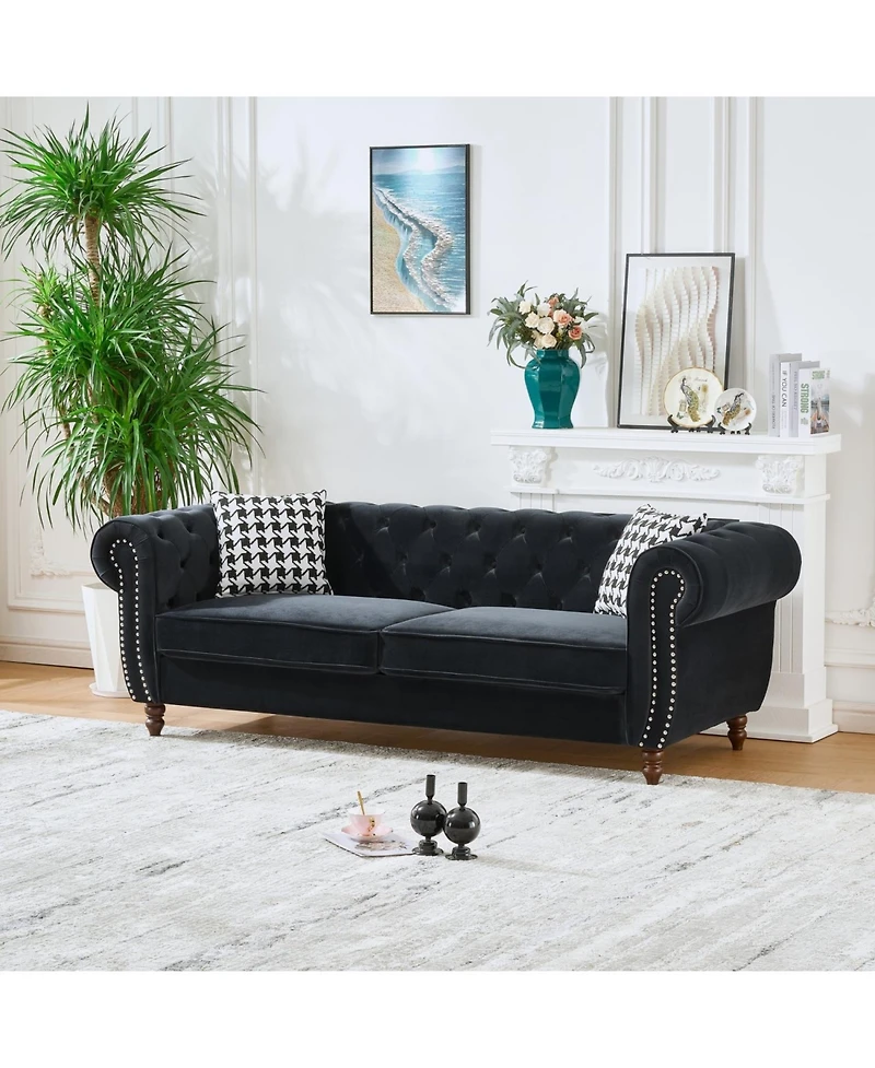 Streamdale Furniture 87" Chesterfield Velvet Sofa, Roll Arm, Nailhead Trim, 3 Seater