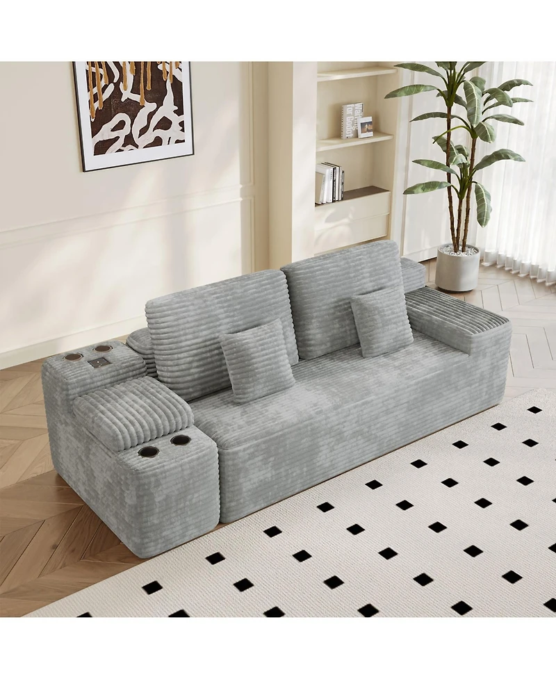 Streamdale Furniture 150" Sectional Sofa with 2 Ottomans, Light Grey Corduroy