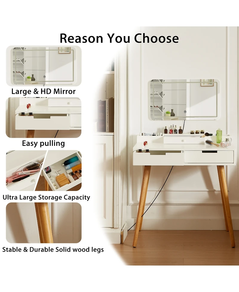 Streamdale Furniture Makeup Vanity Desk with Lights & Mirror, 3 Color Modes, 2 Drawers, White 31.5"