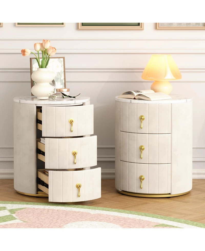 Streamdale Furniture Upholstered Nightstand 2 Set, 3 Drawers, Round, Beige