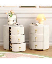 Streamdale Furniture Upholstered Nightstand 2 Set, 3 Drawers, Round, Beige