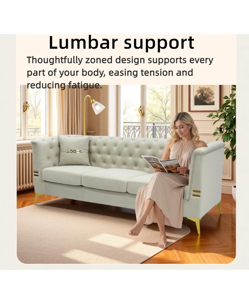 Streamdale Furniture Tufted Velvet Sofa, 82" 3-Seater Couch with Gold Legs