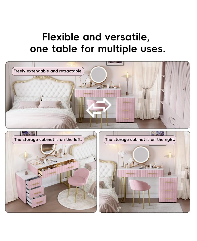Streamdale Furniture Velvet Vanity Desk Set, Marble Top, Adjustable Storage, Pink