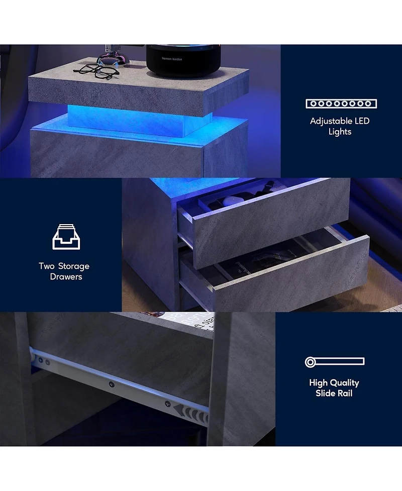 Streamdale Furniture Led Nightstand Bedside Table with 2 Drawers