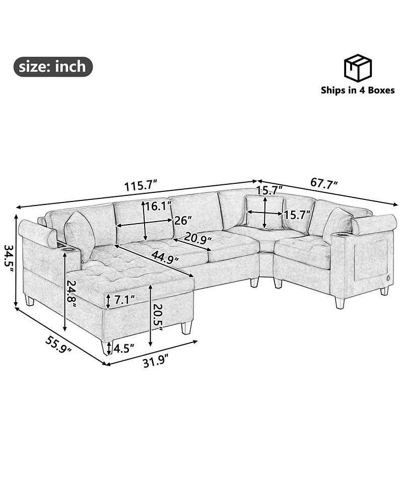 Streamdale Furniture Modern U-Shaped Sectional Sofa with Usb & Storage, Beige