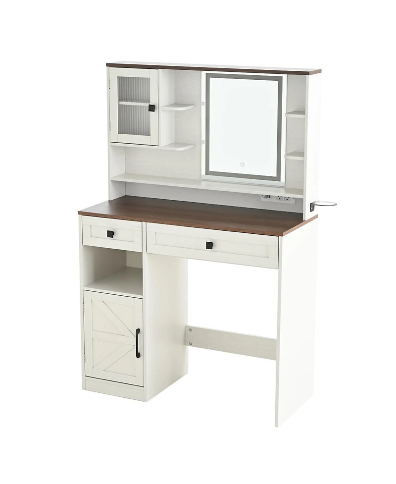 Streamdale Furniture Farmhouse Vanity Desk with Mirror, Lights, Charging Station, Stool