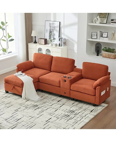 Streamdale Furniture L-Shape Corduroy Sofa- 4-Seater, Usb, Storage, Console & Ottoman