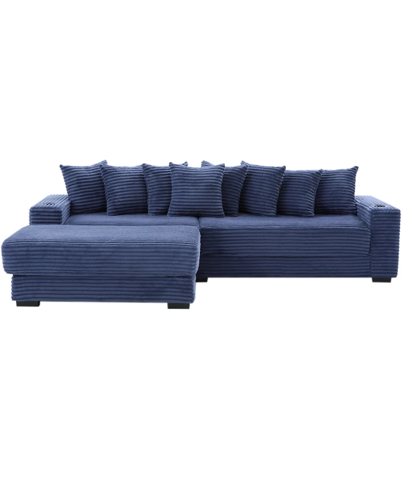 Streamdale Furniture Corduroy L-Shaped Sectional Sofa with Ottoman, Pillows, & Cup Holders - Blue