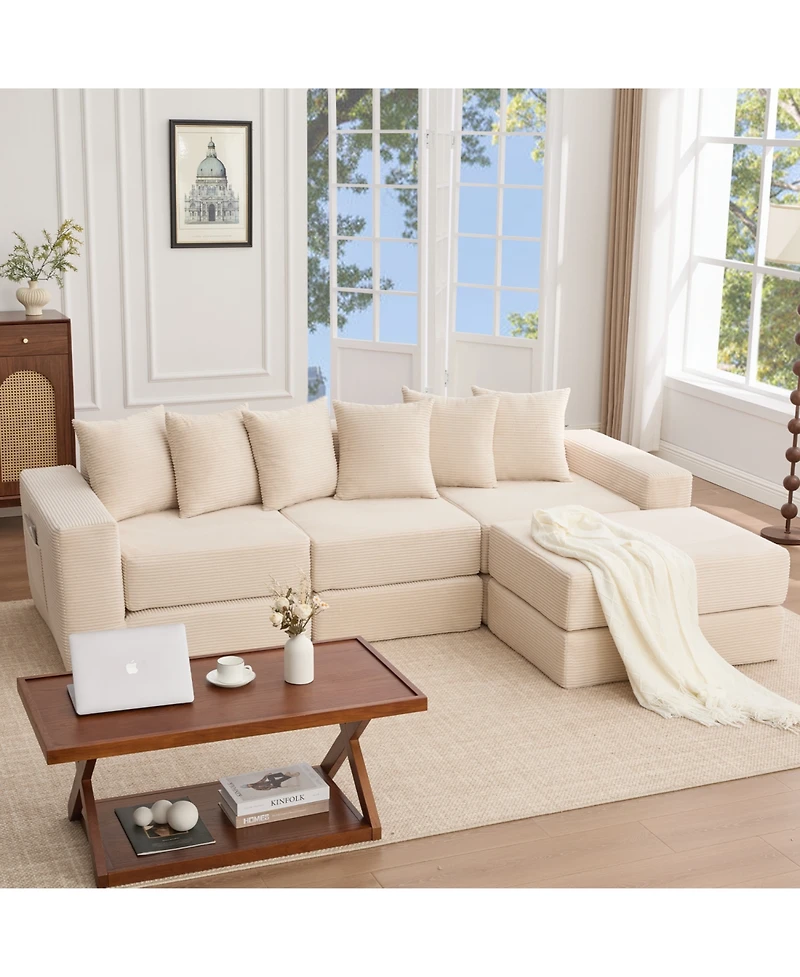 Streamdale Furniture Convertible Corduroy Sectional Sofa with Pillows