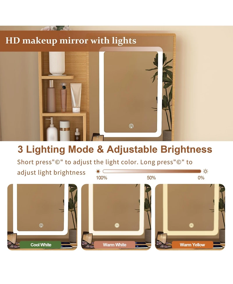 Streamdale Vanity Table with Led Mirror, Power, Hairdryer Holder & Stool - Compact Desk (Wood)