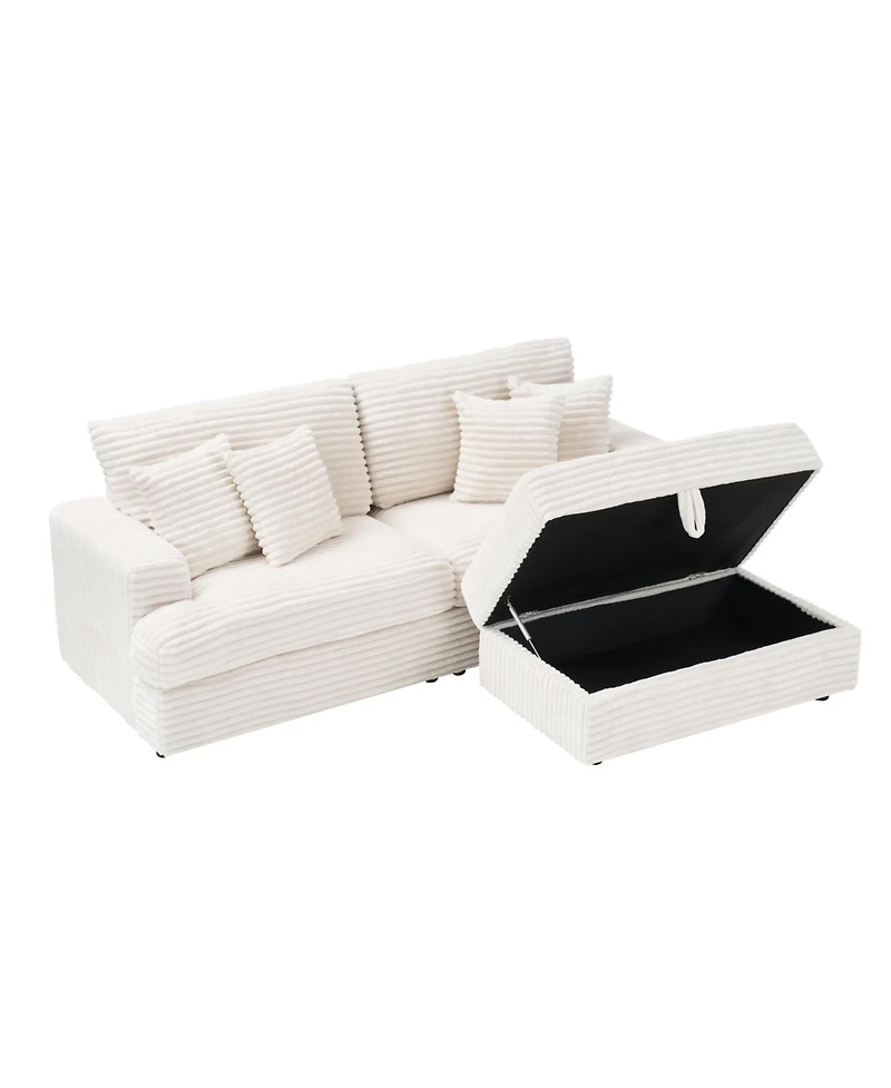 Streamdale Furniture White Corduroy Sofa w/ Storage Leg & Pillows