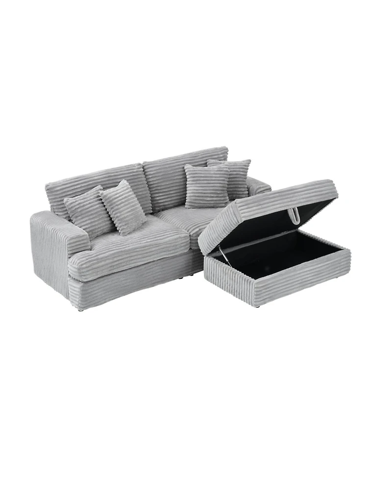 Streamdale Furniture Grey Corduroy Sofa w/ Storage Leg & 4 Pillows