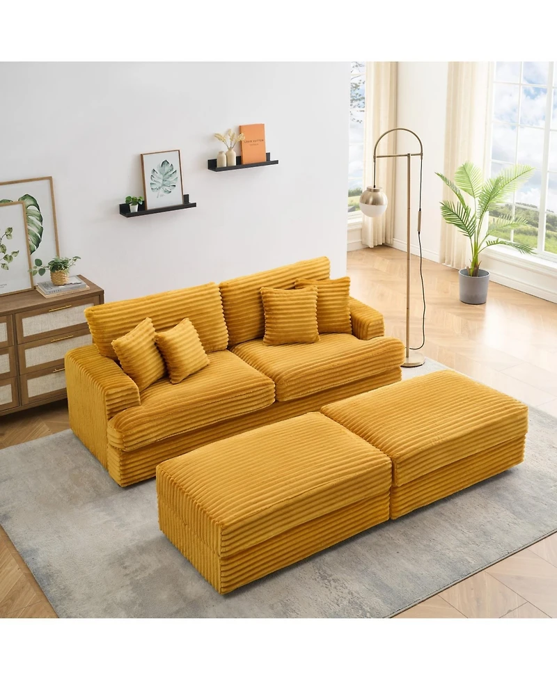 Streamdale Furniture Orange Corduroy Sofa w/ Storage Legs & 4 Pillows