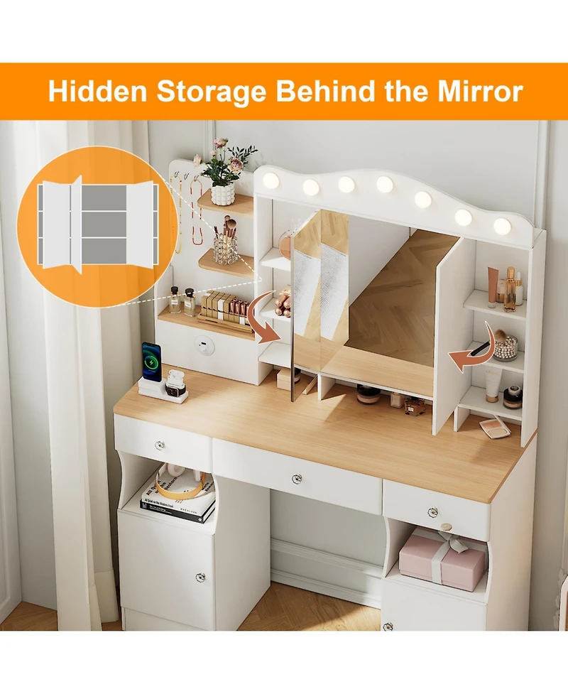 Streamdale Furniture Vanity Desk with Lighted Mirror, Usb Power, Drawers & Cabinets (White)